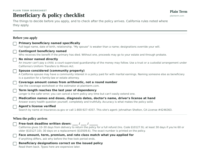 Preview of the beneficiary and policy checklist